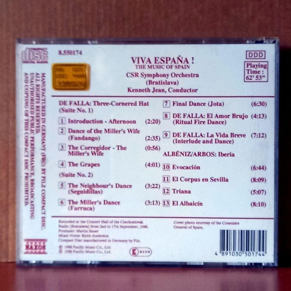 VIVA ESPANA! [THE MUSIC OF SPAIN] / DE FALLA: THREE-CORNERED HAT, EL AMOR BRUJO, LA VIDE BREVE / ALBENIZ/ARBOS: IBERIA - CSR SYMPHONY ORCHESTRA [BRATISLAVA], KENNETH JEAN (1988) - CD 2.EL