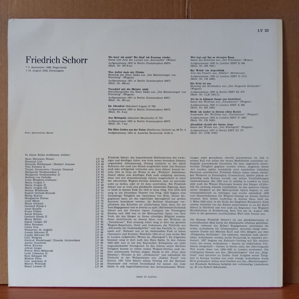 FRIEDRICH SCHORR – LEBENDIGE VERGANGENHEIT - LP 2.EL PLAK