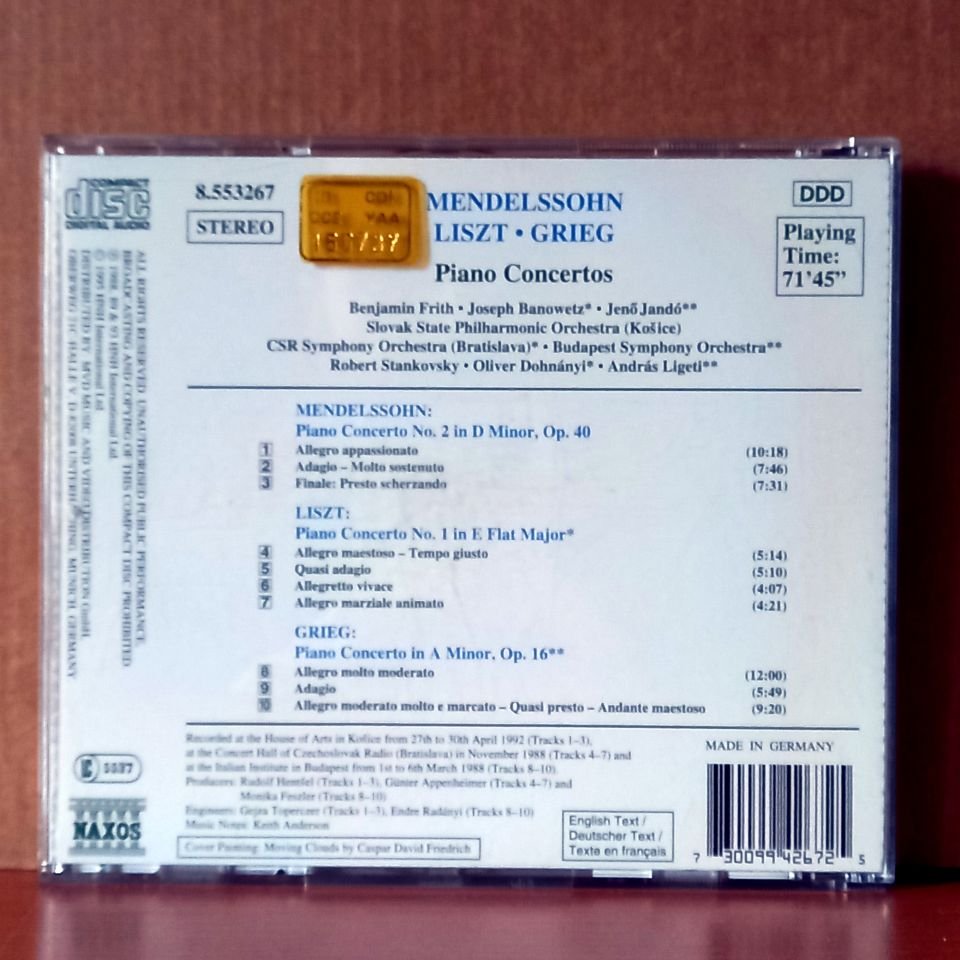 MENDELSSOHN: PIANO CONCERTO NO.2 / LISZT: PIANO CONCERTO NO.1 / GRIEG: PIANO CONCERTO / BENJAMIN FRITH, JOSEPH BANOWETZ, JENO JANDO, SLOVAK STATE PHILHARMONIC ORCHESTRA, CSR SYMPHONY ORCHESTRA, BUDAPEST SYMPHONY ORCHESTRA (1995) - CD 2.EL