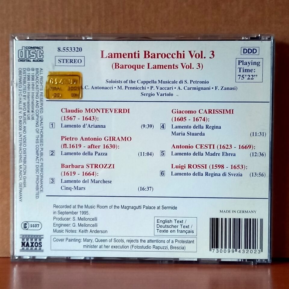 LAMENTI BAROCCHI VOL. 3 / MONTEVERDI, GIRAMO, STROZZI, CARISSIMI, CESTI, ROSSI (1996) - CD 2.EL