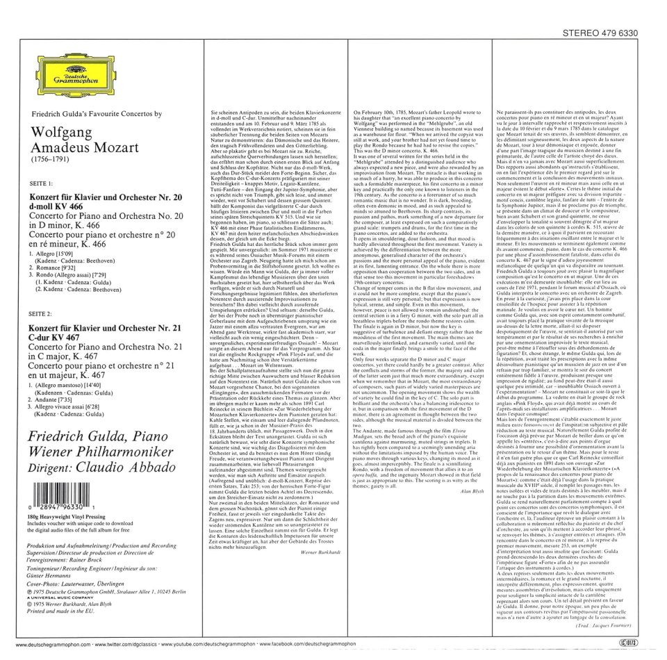 MOZART - PIANO CONCERTOS NO 20 & NO 21 / FRIEDRICH GULDA CLAUDIO ABBADO (1975) - LP 180GR 2016 EDITION DEUTSCHE GRAMMOPHON SIFIR PLAK