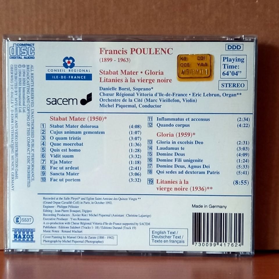 POULENC: STABAT MATER • GLORIA • LITANIES A LA VIEGRE NOIRE / DANIELLE BORST, CHŒUR REGIONAL VITTORIA D'ILE DE FRANCE, ORCHESTRE DE LA CITE, MICHEL PIQUEMAL (1994) - CD 2.EL