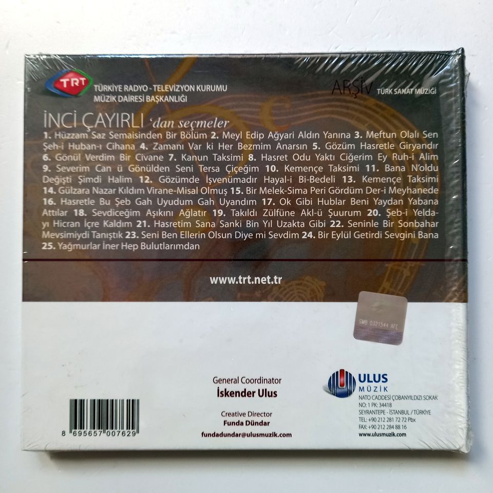 İNCİ ÇAYIRLI'DAN SEÇMELER / TÜRK SANAT MÜZİĞİ / TRT ARŞİV SERİSİ 177 - CD SIFIR
