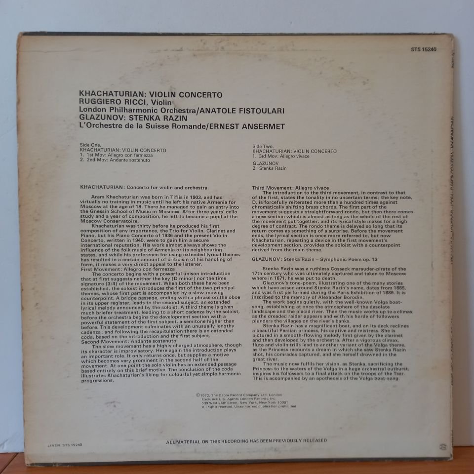 KHACHATURIAN - KHACHATURIAN VIOLIN CONCERTO / RUGGIERO RICCI, THE LONDON PHILHARMONIC ORCHESTRA, ANATOLE FISTOULARI (1971) - LP 2.EL PLAK