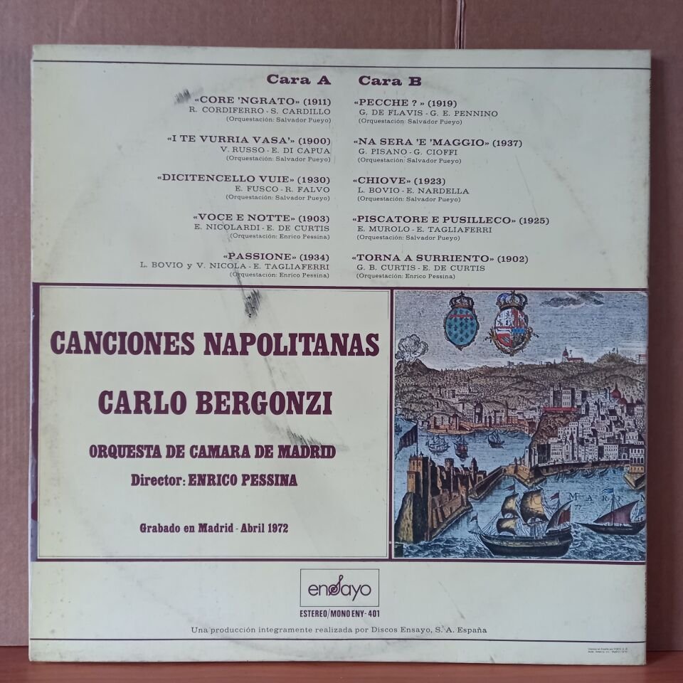CARLO BERGONZI, ORQUESTA DE CAMARA DE MADRID / DIRECTOR: ENRICO PESSINA – CANCIONES NAPOLITANAS (1972) - LP 2.EL PLAK