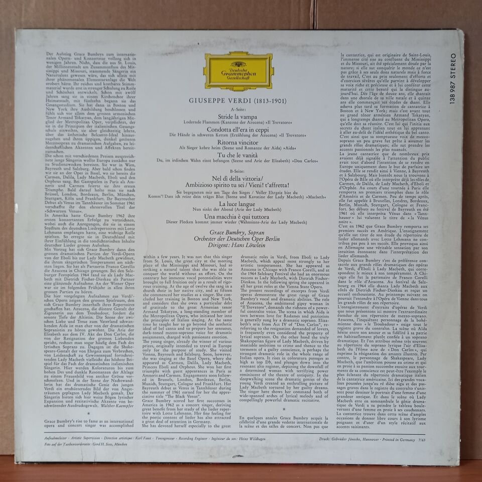 GRACE BUMBRY / VERDI – ARIEN (1966) - LP 2.EL PLAK