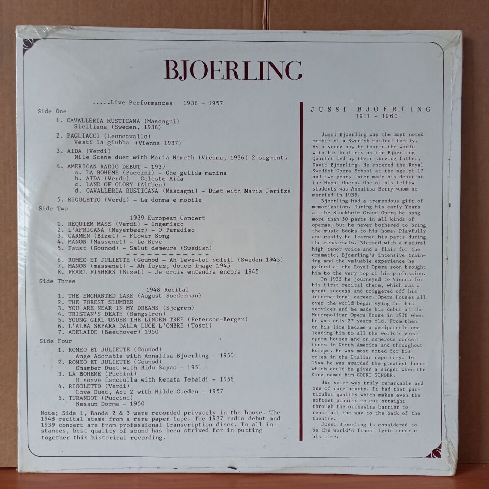BJOERLING - LIVE / VERDI, PUCCINI, BIZET, GOUNOD, TOSTI, ALTHEN, RANGSTRON - 2LP DÖNEM BASKISI SIFIR PLAK