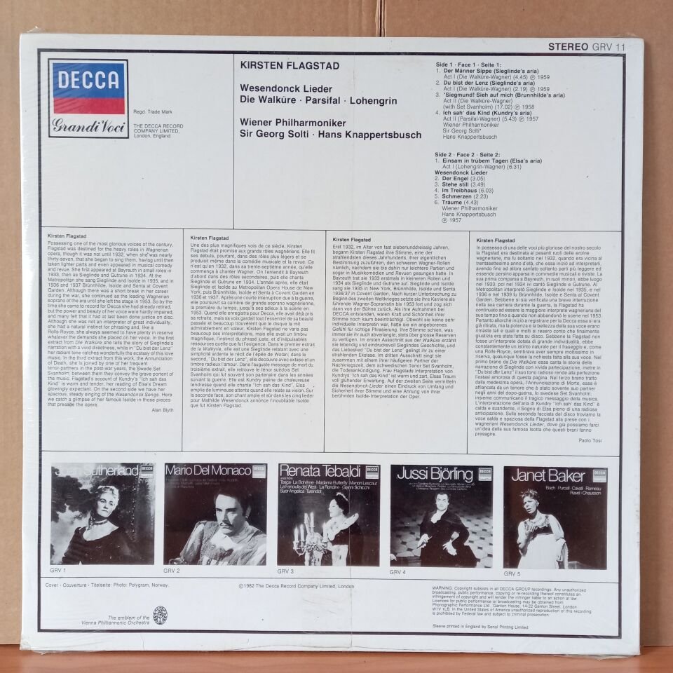 KIRSTEN FLAGSTAD / WESENDONCK LIEDER - DIE WALKÜRE - PARSIFAL - LOHENGRIN (1982) - LP DÖNEM BASKISI SIFIR PLAK