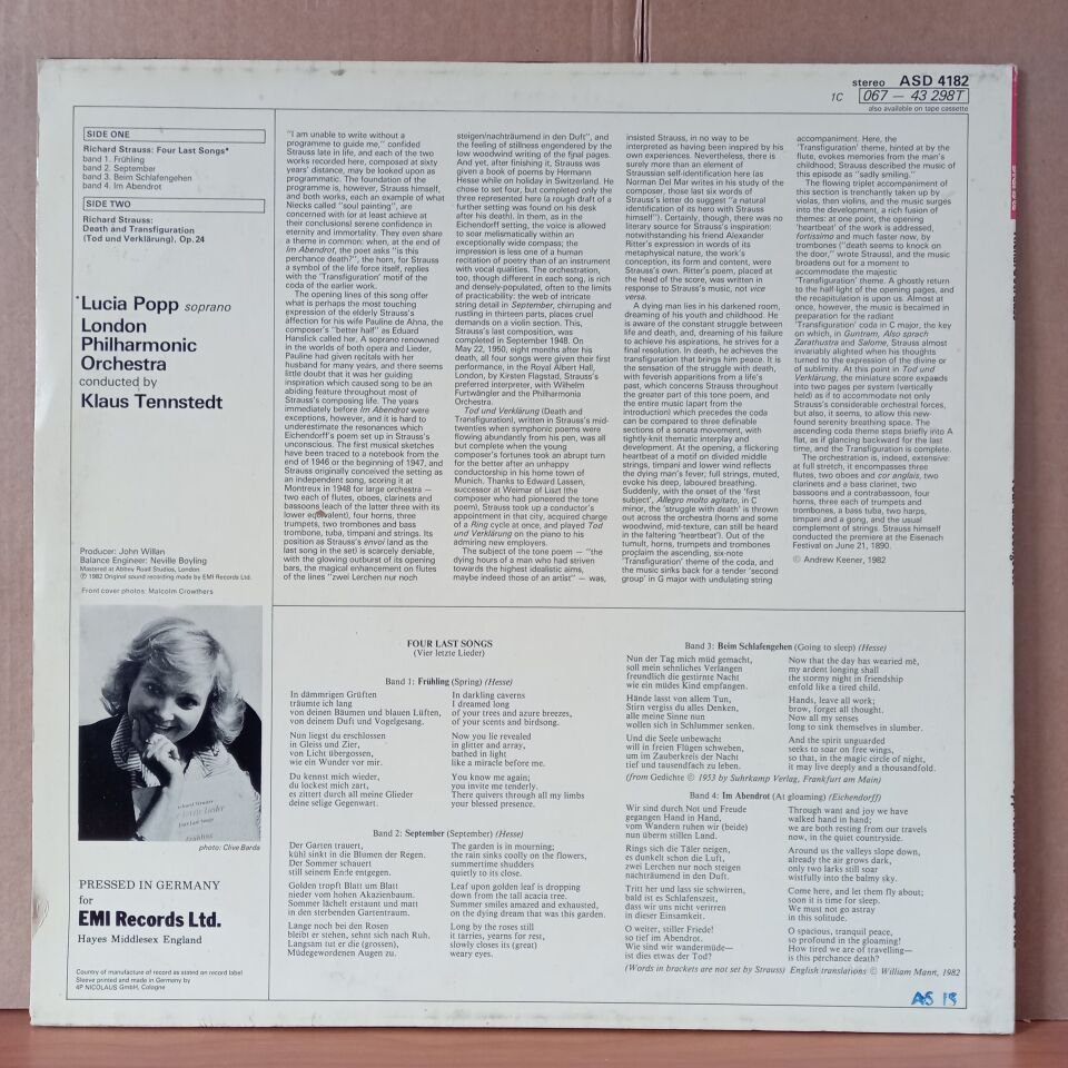RICHARD STRAUSS: FOUR LAST SONGS / DEATH AND TRANSFIGURATION / LUCIA POPP • KLAUS TENNSTEDT, LONDON PHILHARMONIC ORCHESTRA (1982) - LP 2.EL PLAK