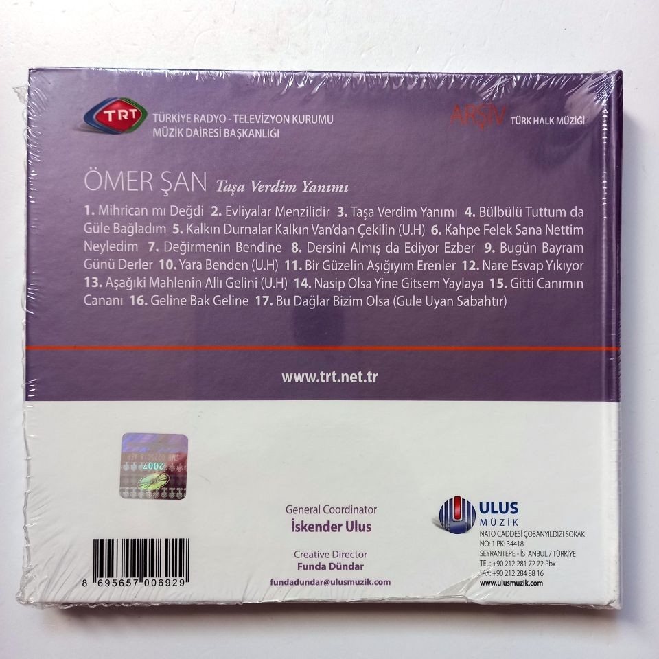 ÖMER ŞAN - TAŞA VERDİM YANIMI / TÜRK HALK MÜZİĞİ / TRT ARŞİV SERİSİ 135 - CD SIFIR