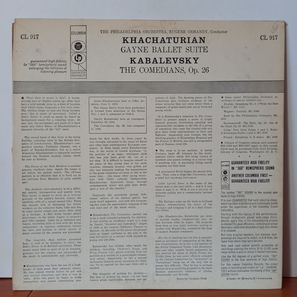 KHACHATURIAN, KABALEVSKY, THE PHILADELPHIA ORCHESTRA, EUGENE ORMANDY – GAYNE BALLET SUITE / THE COMEDIANS, OP.26 (1956) - LP 2.EL PLAK