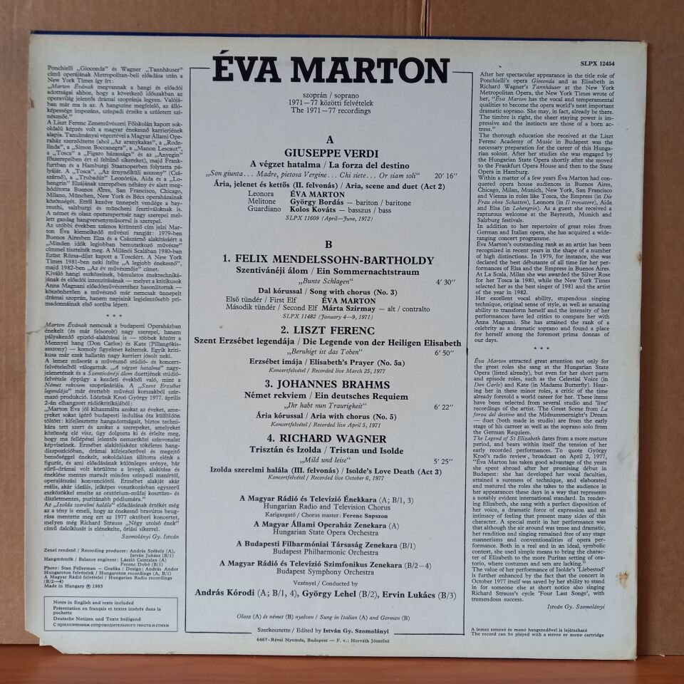 EVA MARTON – THE 1971-77 RECORDINGS / VERDI, MENDELSSOHN, LISZT, BRAHMS, WAGNER (1983) - LP 2.EL PLAK
