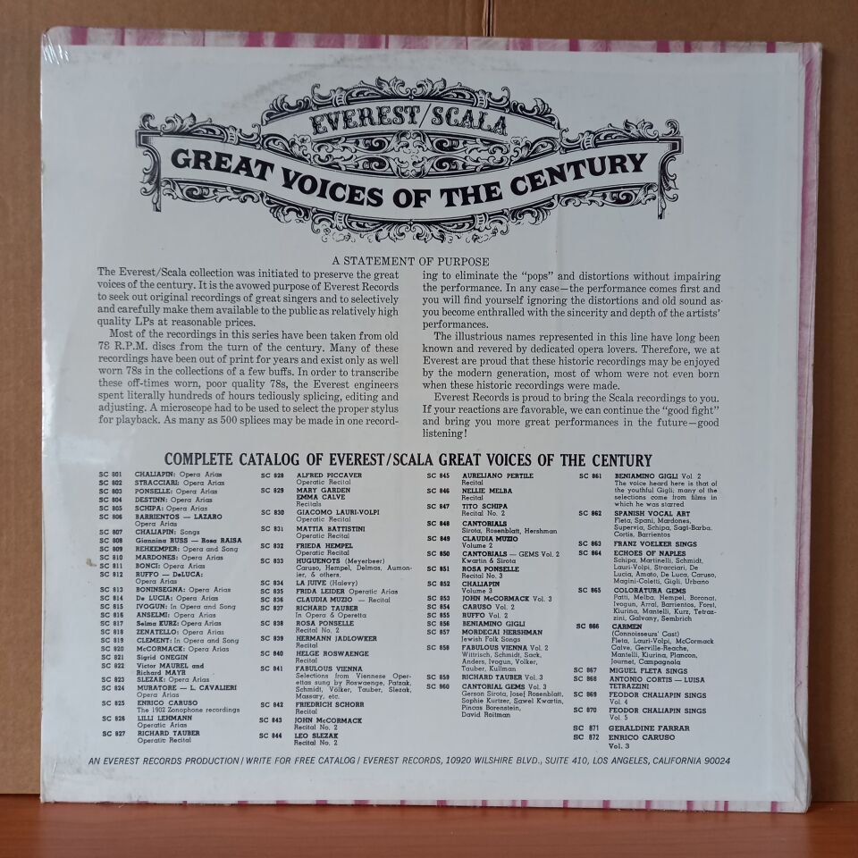 GREAT VOICES OF THE CENTURY: FERNANDO DE LUCIA / ROSSINI, DONIZETTI, VERDI, PUCCINI, BIZET, VERDI - LP DÖNEM BASKISI SIFIR PLAK