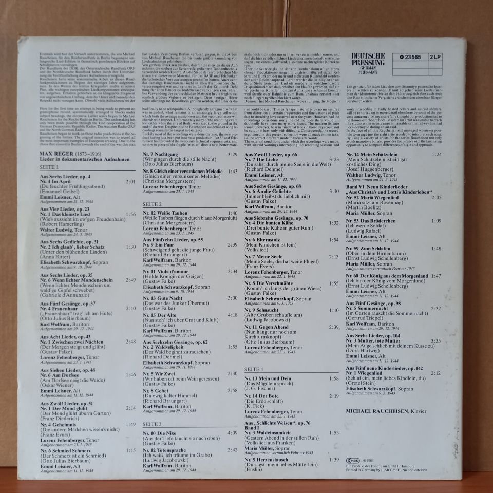 MAX REGER – LIEDER IN DOKUMENTARISCHEN AUFNAHMEN / EMMI LEISNER, MARIA MÜLLER, ELISABETH SCHWARZKOPF, LORENZ FEHENBERGER, WALTHER LUDWIG, KARL WOLFRAM, MICHAEL RAUCHEISEN (1986) - 2LP 2.EL PLAK