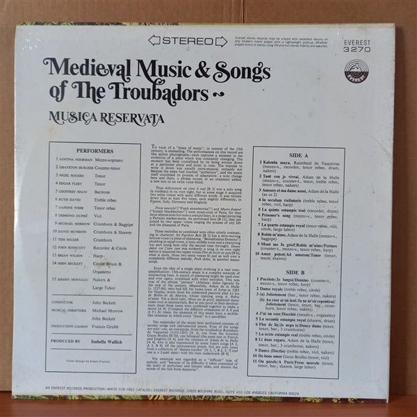 MUSICA RESERVATA – MEDIEVAL MUSIC & SONGS OF THE TROUBADORS (1968) - LP DÖNEM BASKISI SIFIR PLAK