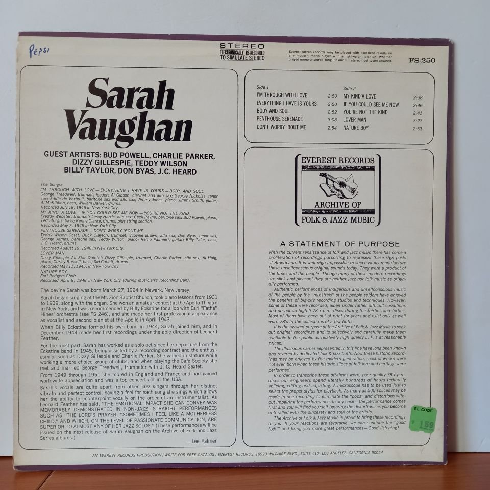 SARAH VAUGHAN – SARAH VAUGHAN (1980) - LP 2.EL PLAK