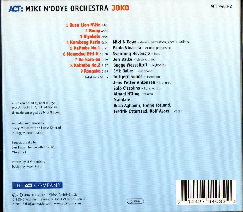 MIKI N'DOYE ORCHESTRA FEAT. PAOLO VINACCIA, BUGGE WESSELTOFT, SOLO CISSOKHO, JON BALKE – JOKO (2002) - CD DIGIPAK 2.EL