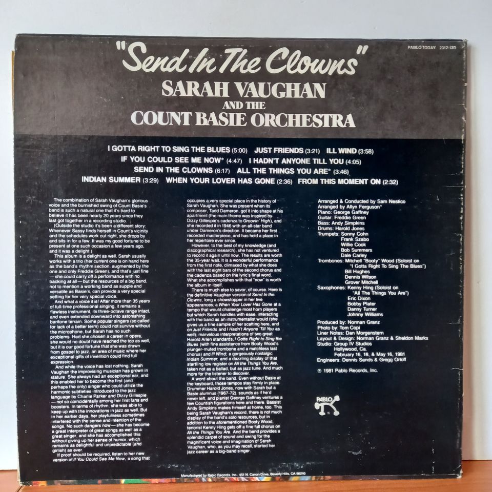 SARAH VAUGHAN & THE COUNT BASIE ORCHESTRA – SEND IN THE CLOWNS (1981) - LP 2.EL PLAK