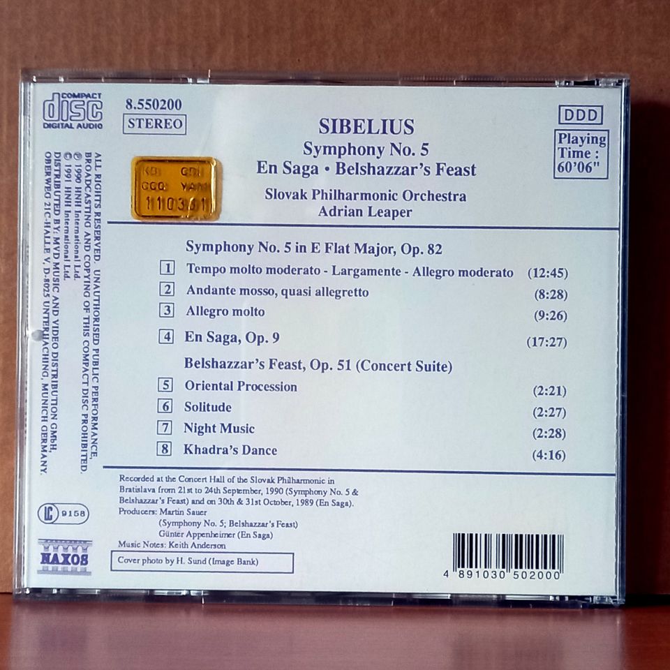 SIBELIUS: SYMPHONY NO. 5 / SLOVAK PHILHARMONIC ORCHESTRA, ADRIAN LEAPER (1991) - CD 2.EL