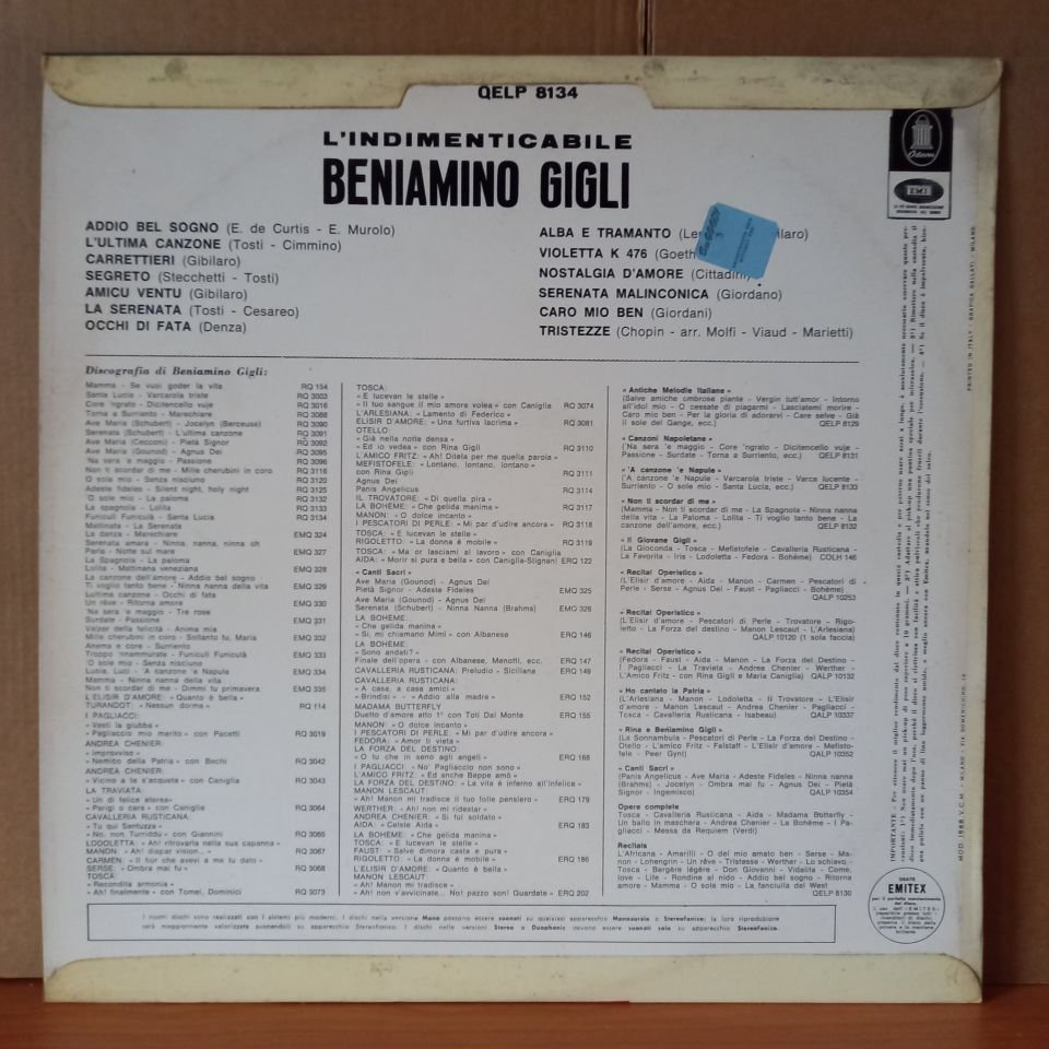 BENIAMINO GIGLI – L’INDIMENTICABILE BENIAMINO GIGLI / TOSTI, DENZA, GIBILARO, GIORDANI, CHOPIN (1964) - LP 2.EL PLAK