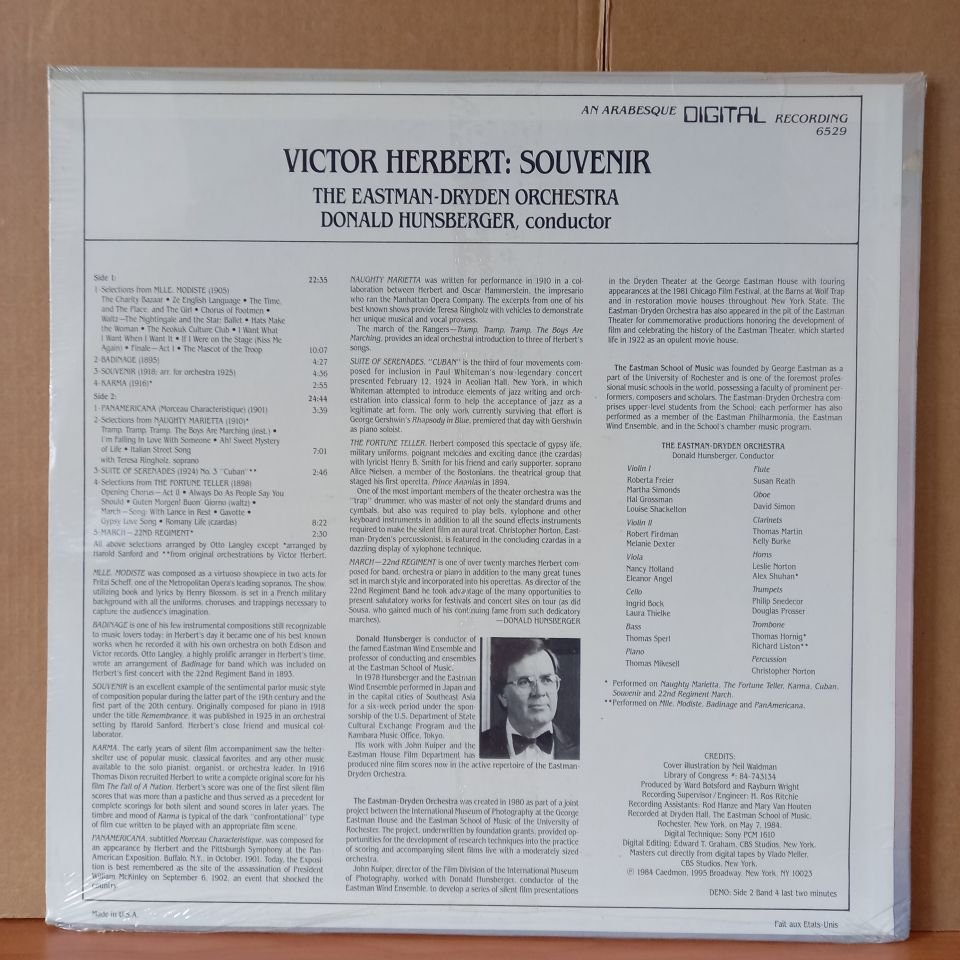 VICTOR HERBERT: SOUVENIR / THE EASTMAN-DRYDEN ORCHESTRA, DONALD HUNSBERGER (1984) - LP DÖNEM BASKISI SIFIR PLAK