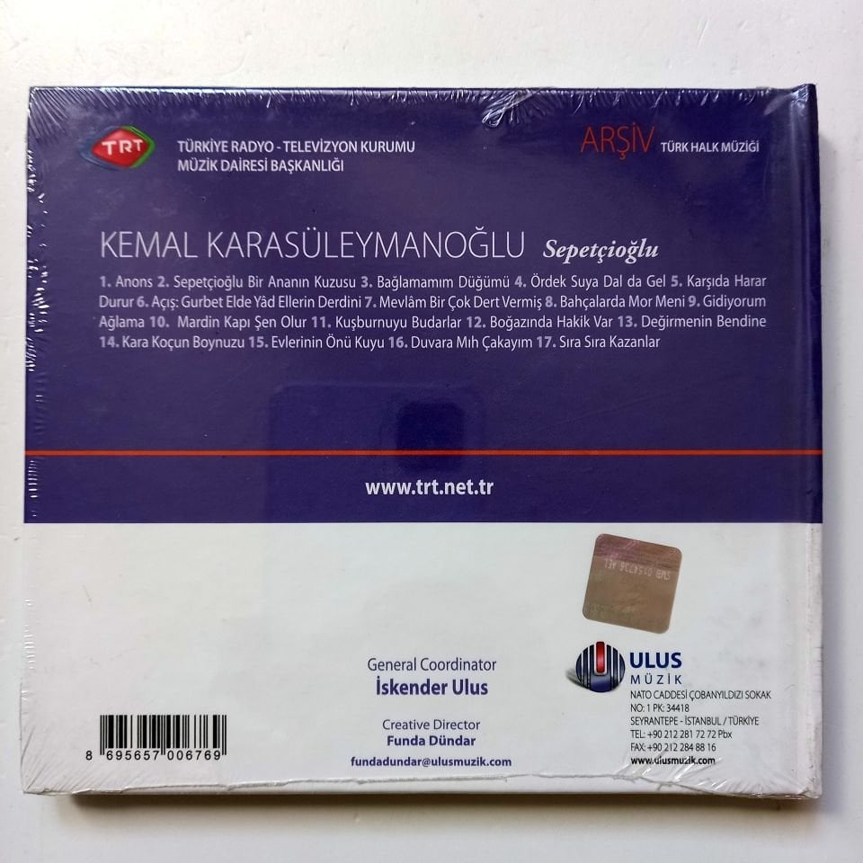KEMAL KARASÜLEYMANOĞLU - SEPETÇİOĞLU / TÜRK HALK MÜZİĞİ / TRT ARŞİV SERİSİ 121 - CD SIFIR