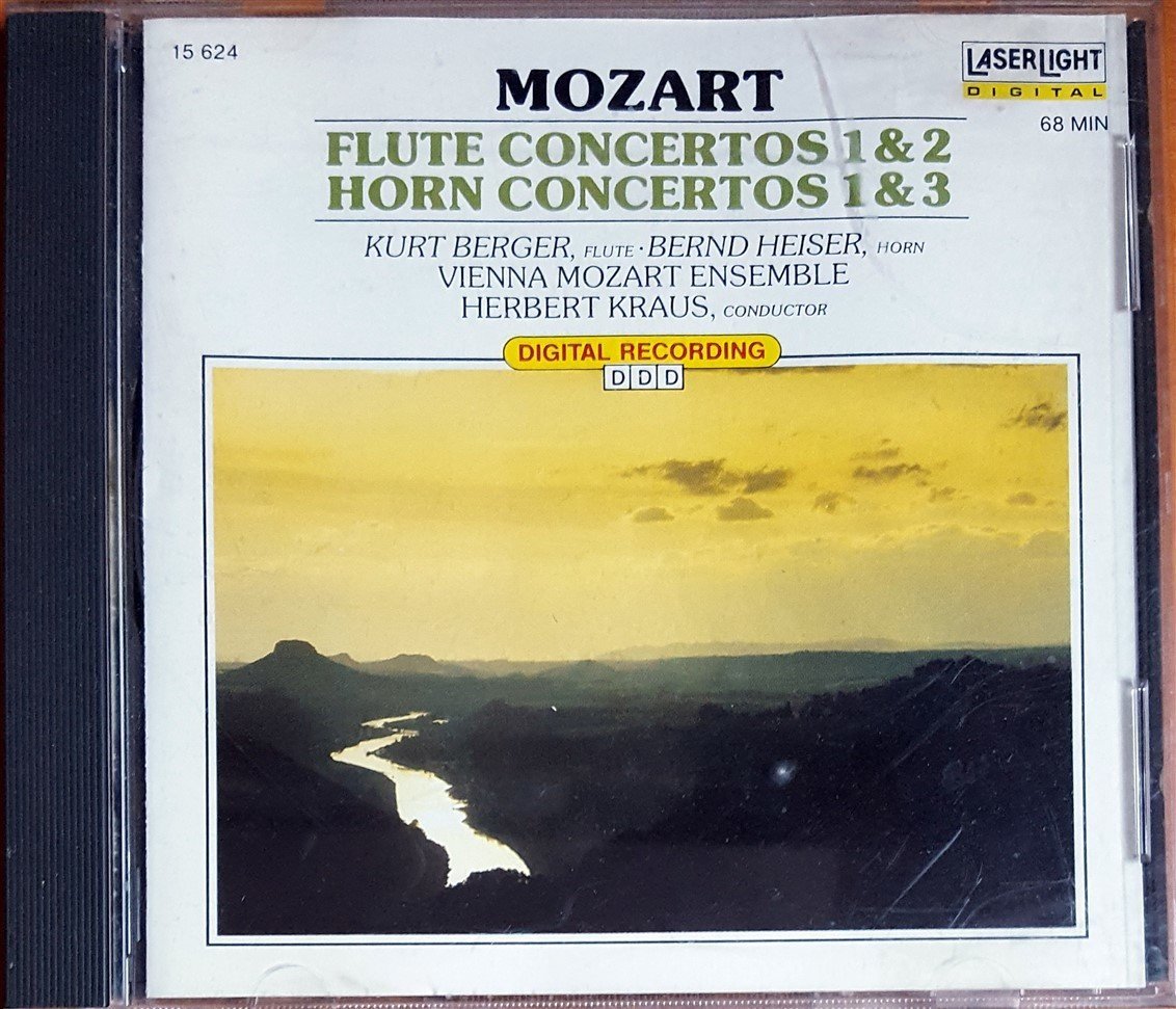 MOZART - FLUTE CONCERTOS 1&2 / HORN CONCERTOS 1&3 / KURT BERGER, BERND HEISER, VIENNA MOZART ENSEMBLE, HERBERT KRAUS (1989) LASERLIGHT CD 2.EL