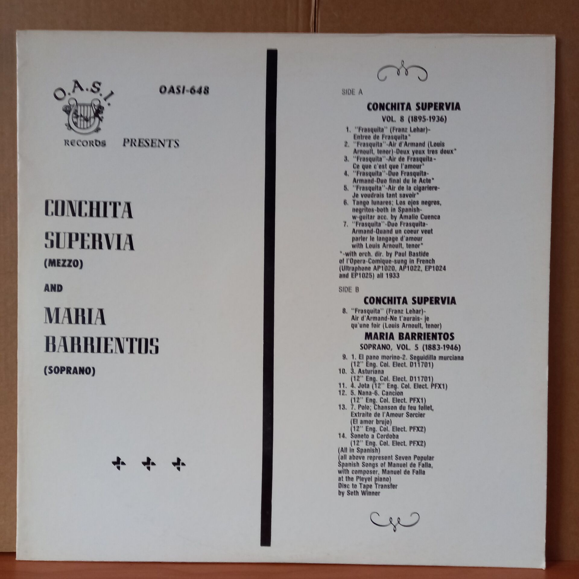 CONCHITA SUPERVIA AND MARIA BARRIENTOS / FRANZ LEHAR, MANUEL DE FALLA - LP 2.EL PLAK
