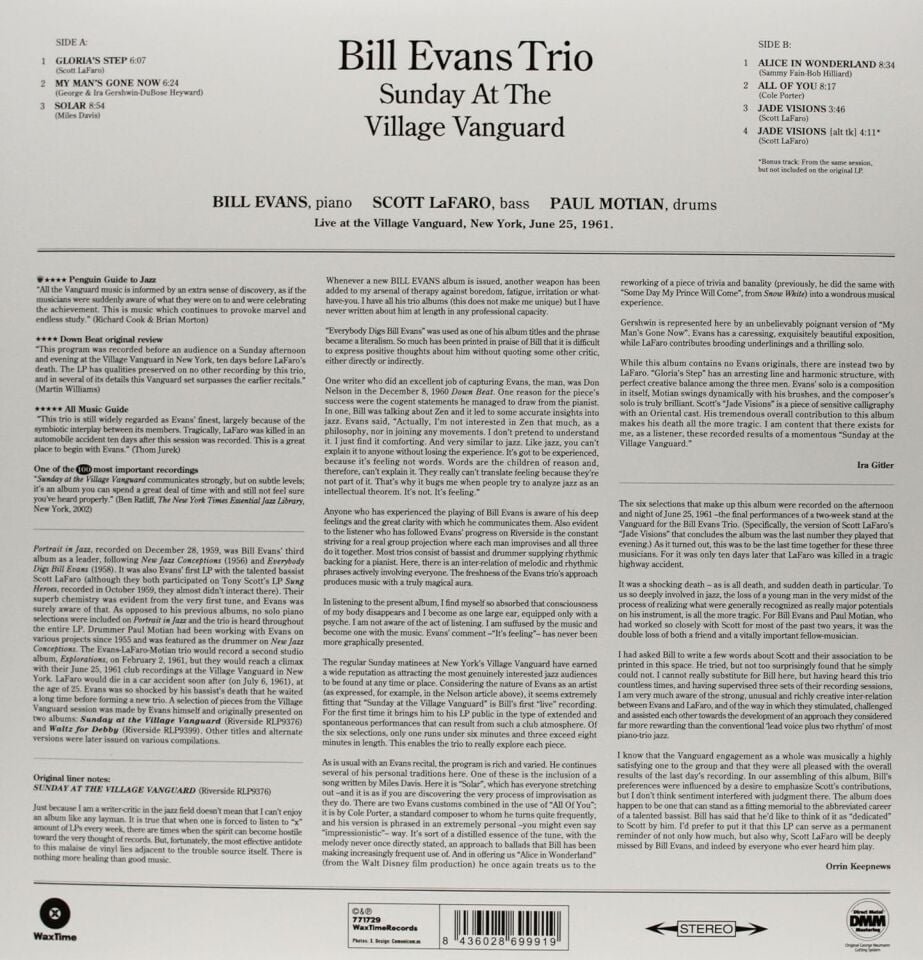 BILL EVANS - SUNDAY AT THE VILLAGE VANGUARD (1961) - LP 180GR REISSUE SIFIR PLAK