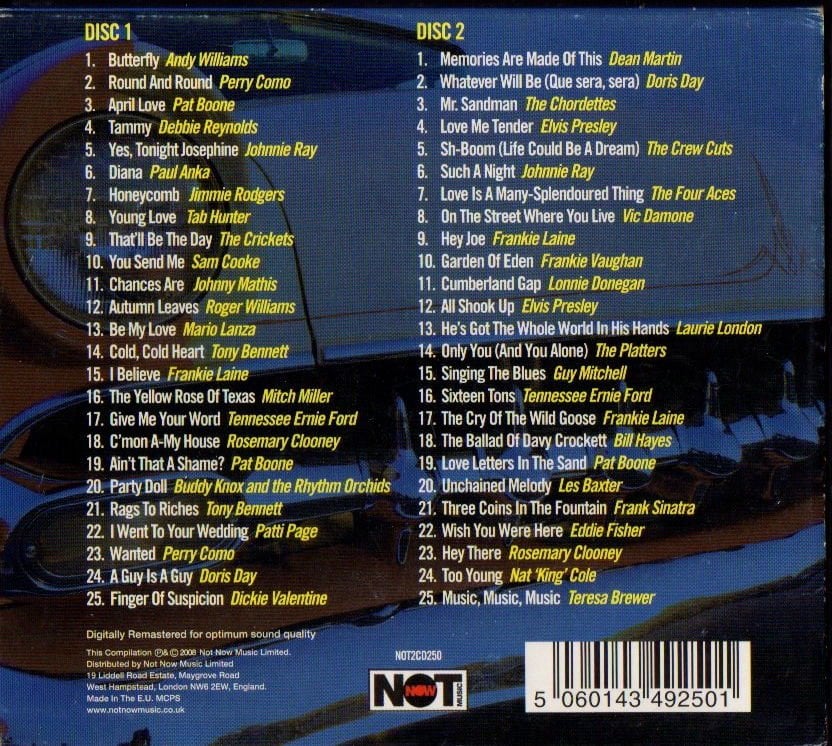 NO 1 HITS OF THE FIFTIES / 50 ORIGINAL CHART TOPPERS - VARIOUS ARTISTS ANDY WILLIAMSA PERRY COMO PAUL ANKA ELVIS PRESLEY NAT KING COLE DORIS DAY etc  - 2CD COMPILATION 2.EL