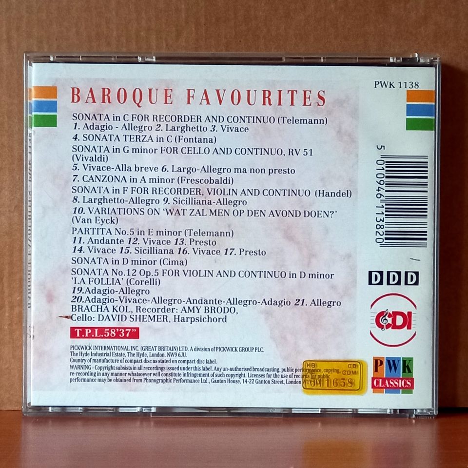BAROQUE FAVOURITES / TELEMANN, FONTANA, VIVALDI, FRESCOBALDI, HANDEL, VAN EYCK, CIMA & CORELLI / BRACHA KOL, AMY BRODO, DAVID SHEMER (1988) - CD 2.EL
