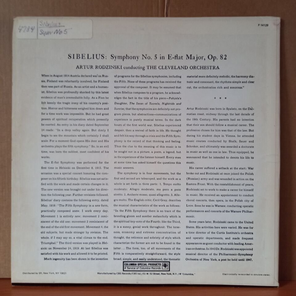 SIBELIUS: SYMPHONY #5 IN E FLAT MAJOR, OP. 82 / ARTUR RODZINSKI CONDUCTING THE CLEVELAND ORCHESTRA - LP 2.EL PLAK