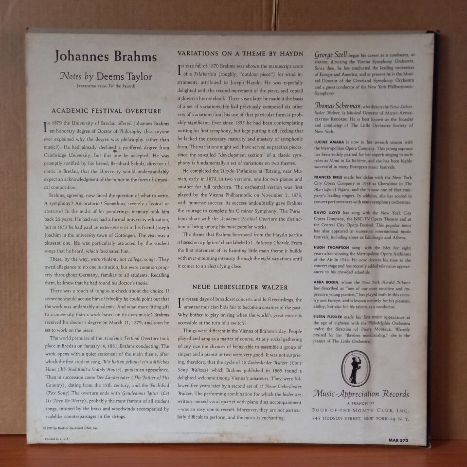 BRAHMS: ACADEMIC FESTIVAL OVERTURE, VARIATIONS ON A THEME BY HAYDN / GEORGE SZELL, THOMAS SCHERMAN (1957) - LP + 10 INCH 2.EL PLAK