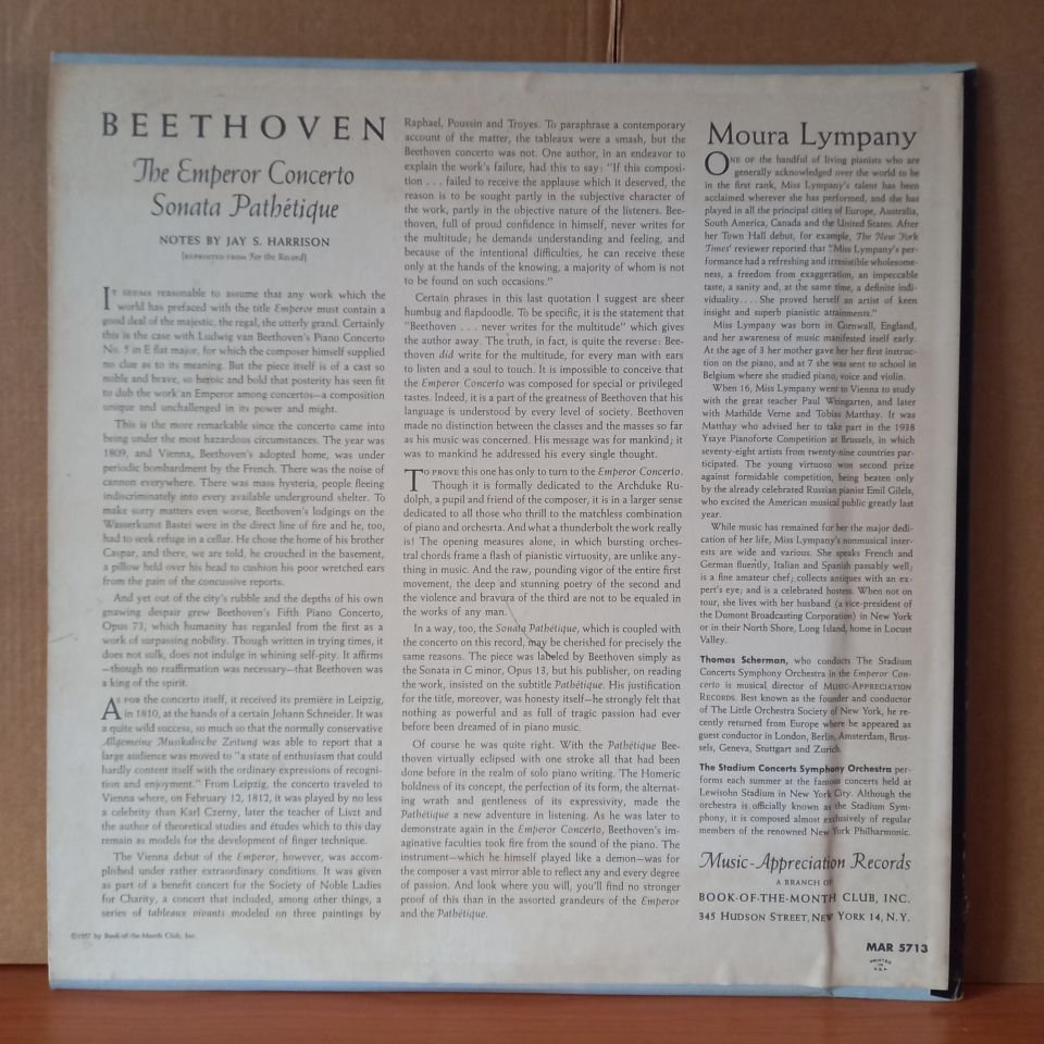 DAME MOURA LYMPANY / BEETHOVEN: PIANO CONCERTO NO. 5 IN E FLAT MAJOR, OP. 73 / PIANO SONATA NO. 8 IN C MINOR, OP. 13 / THE STADIUM CONCERTS SYMPHONY ORCHESTRA, THOMAS SCHERMAN (1957) - LP + 10 INCH 2.EL PLAK