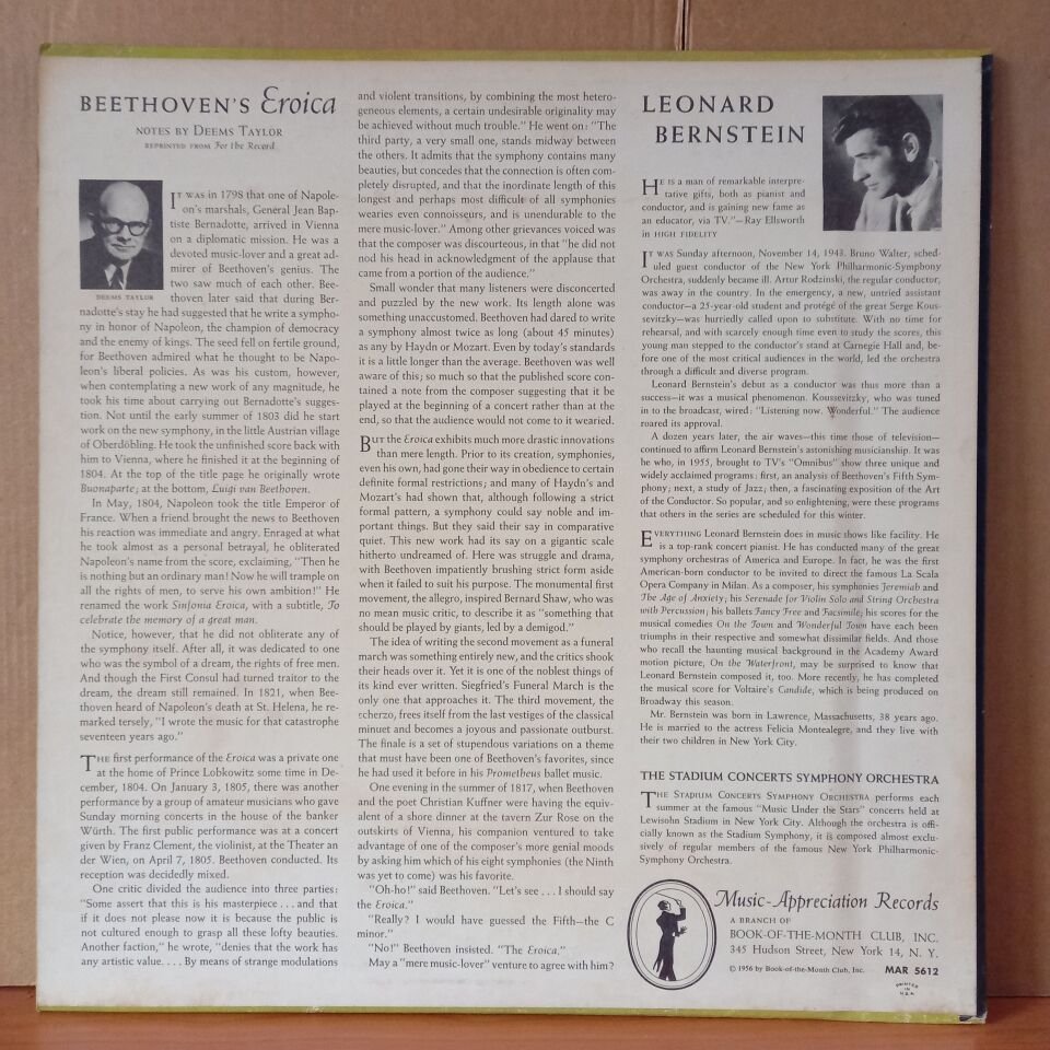 BEETHOVEN: SYMPHONY NO. 3 IN E FLAT MAJOR OP. 55, ''EROICA'' / LEONARD BERNSTEIN, THE STADIUM SYMPHONY ORCHESTRA OF NEW YORK (1956) - LP + 10 INCH 2.EL PLAK