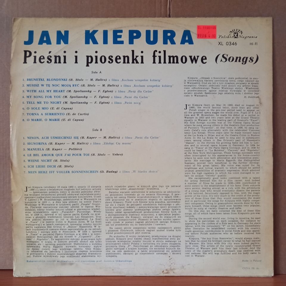 JAN KIEPURA – PIESNI I PIOSENKI FILMOWE [SONGS] - LP 2.EL PLAK