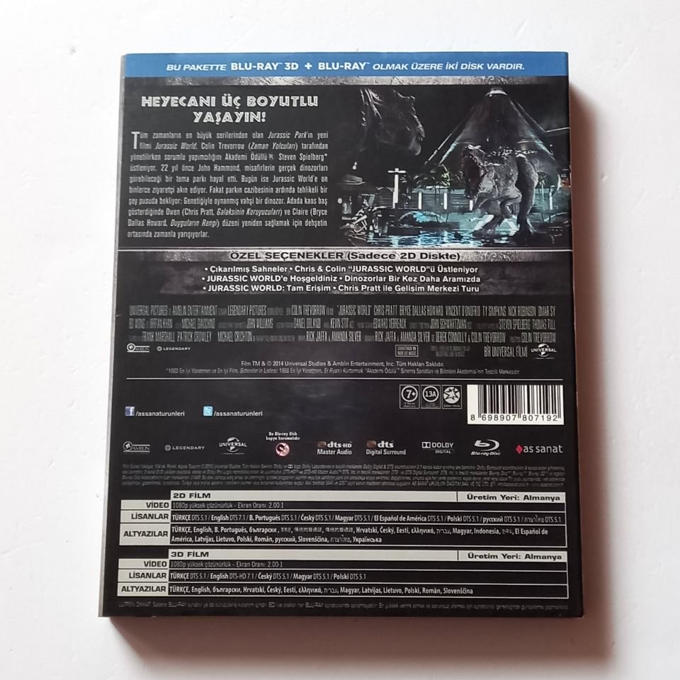 JURASSIC WORLD 3D - CHRIS PRATT, BRYCE DALLAS HOWARD - YÖN.: COLIN TREVORROW - BLU-RAY + BLU-RAY 3D İKİ DİSK SLIPCOVER 2.EL
