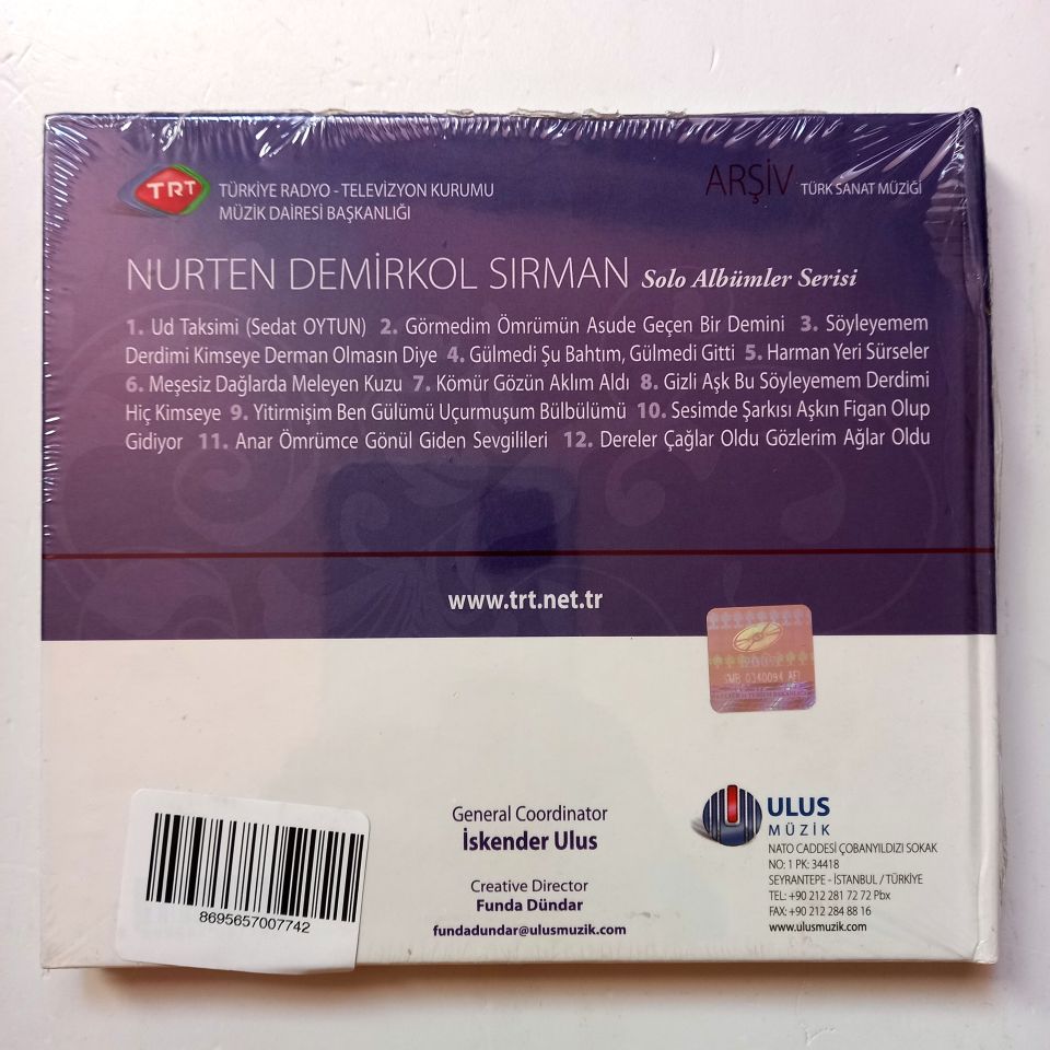 NURTEN DEMİRKOL SIRMAN / TÜRK SANAT MÜZİĞİ / TRT ARŞİV SERİSİ 188 - CD SIFIR