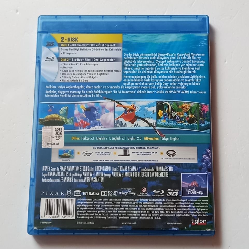 KAYIP BALIK NEMO 3D / FINDING NEMO - PIXAR ANİMASYON - YÖN.: ANDREW STANTON - İKİ DİSK BLU-RAY + BLU-RAY 3D  2.EL
