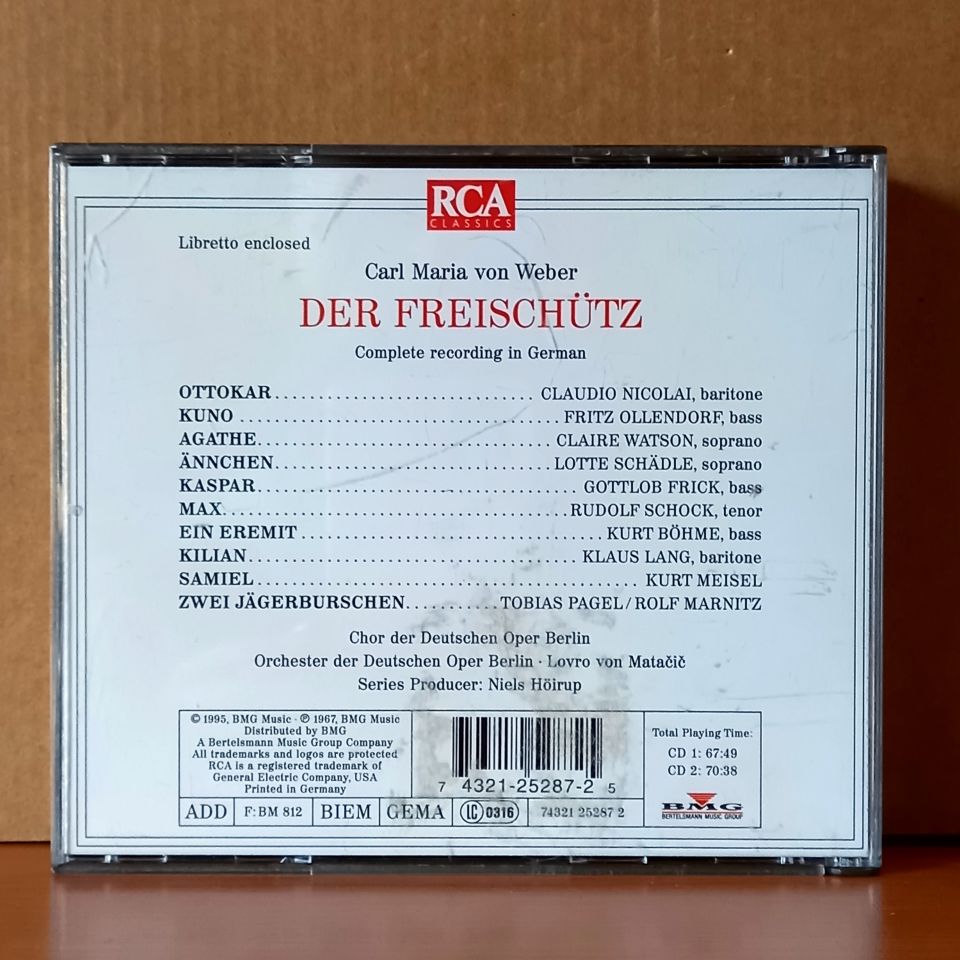 WEBER: DER FREISCHÜTZ / LOTTE SCHADLE, CLAIRE WATSON, RUDOLF SCHOCK, GOTTLOB FRICK, FRITZ OLLENDORFF, ORCHESTER DER DEUTSCHEN OPER BERLIN, CHOR DER DEUTSCHEN OPER BERLIN, LOVRO VON MATACIC (1995) - 2CD 2.EL