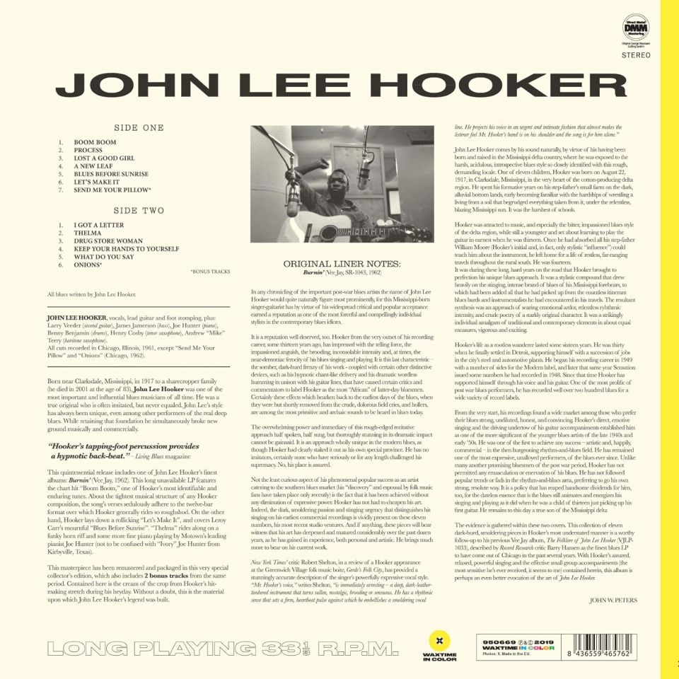 JOHN LEE HOOKER - BURNIN' (1962) - LP 180GR 2019 COLOURED EDITION SIFIR PLAK