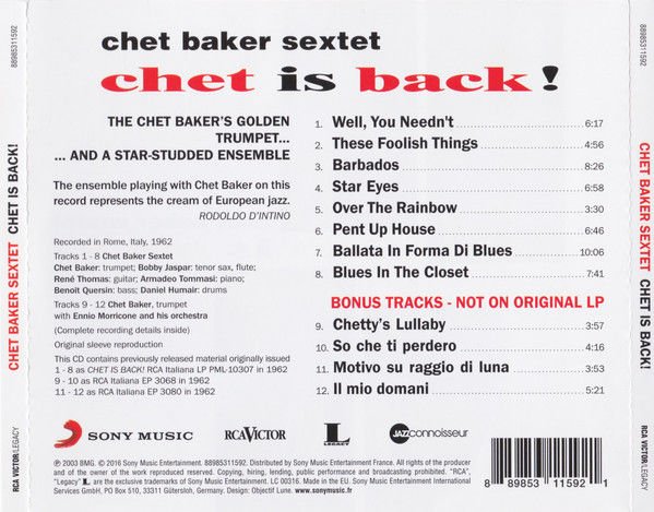 CHET BAKER SEXTET – CHET IS BACK! (1962) - CD REMASTERED 2016 REISSUE JEWEL CASE AMBALAJINDA SIFIR