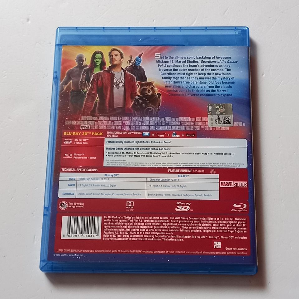 GUARDIANS OF THE GALAXY VOL. 2 3D - CHRIS PRATT, ZOE SALDANA, DAVE BAUTISTA - YÖN.: JAMES GUNN - İKİ DİSK BLU-RAY + BLU-RAY 3D REGION FREE TÜRKÇE ALTYAZI YOKTUR 2.EL