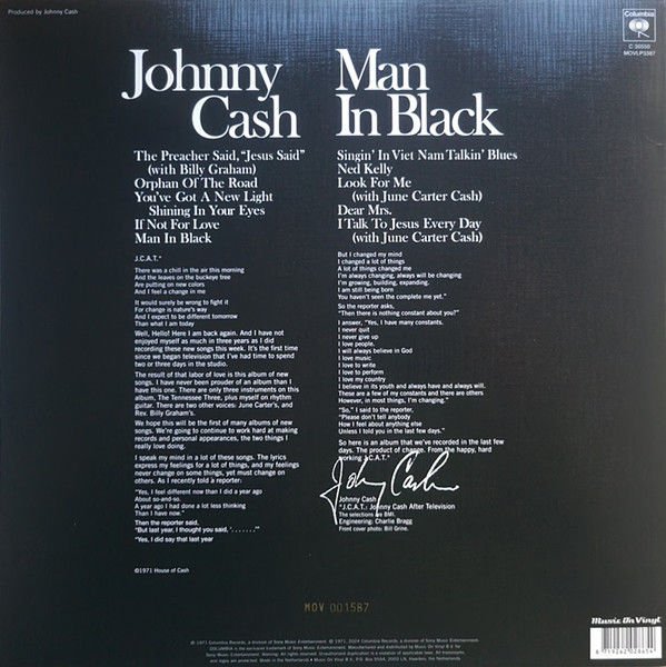 JOHNNY CASH - MAN IN BLACK (1971) - LP 180GR 2024 COLOURED LIMITED EDITION SIFIR PLAK