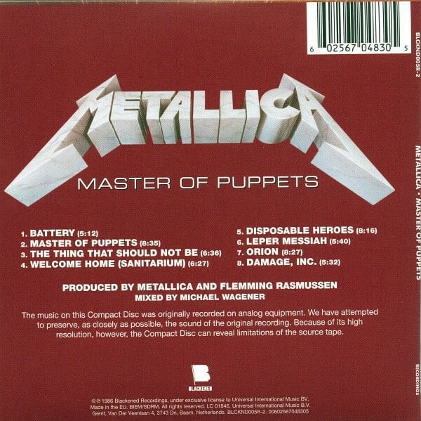 METALLICA - MASTER OF PUPPETS (1986) - 2017 REMASTERED BLACKENED RECORDINGS CD DIGIPACK SIFIR