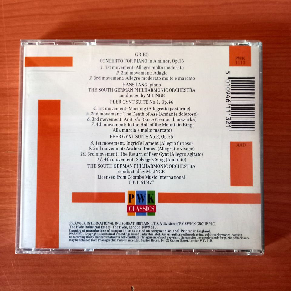 GRIEG: CONCERTO FOR PIANO IN A MINOR, OP. 16 / PEER GYNT SUITE NO. 1, OP. 46 & NO. 2, OP. 55 / THE SOUTH GERMAN PHILHARMONIC ORCHESTRA, M. LINGE (1988) - CD 2.EL