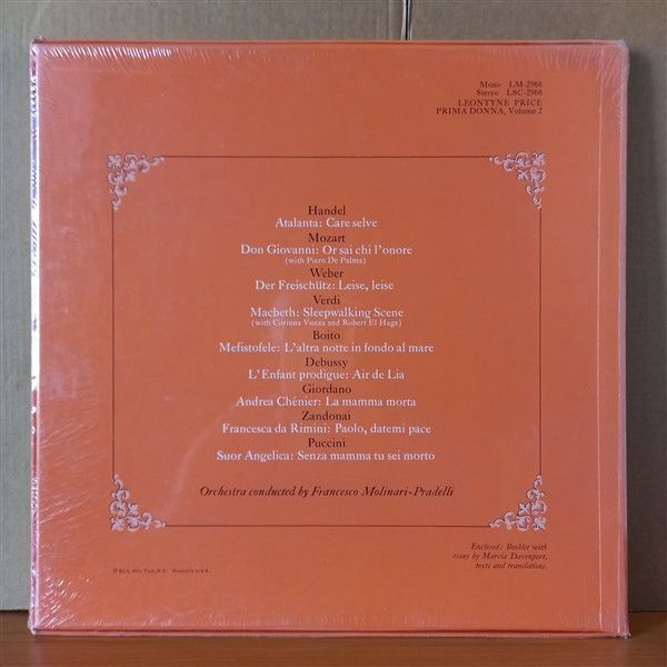 LEONTYNE PRICE / PRIMA DONNA/VOLUME 2 / RCA ITALIANA OPERA ORCHESTRA, FRANCESCO MOLINARI-PRADELLI – GREAT SOPRANO ARIAS FROM HANDEL TO PUCCINI (1967) - LP BOX SET DÖNEM BASKISI SIFIR PLAK