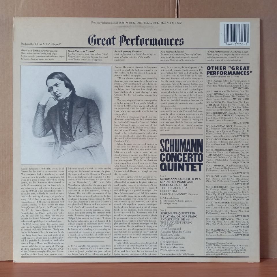 SERKIN / SCHUMANN: PIANO CONCERTO / ORMANDY, PHILADELPHIA ORCHESTRA / SCHUMANN: PIANO QUINTET / BUDAPEST QUARTET (1982) - LP 2.EL PLAK