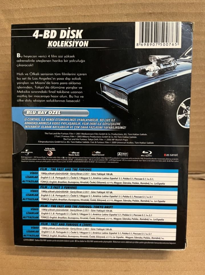 THE FAST AND THE FURIOUS - HIZLI VE ÖFKELİ - PAUL WALKER - VIN DIESEL - 4 FİLM BOX SET - 4xBLU-RAY 2.EL
