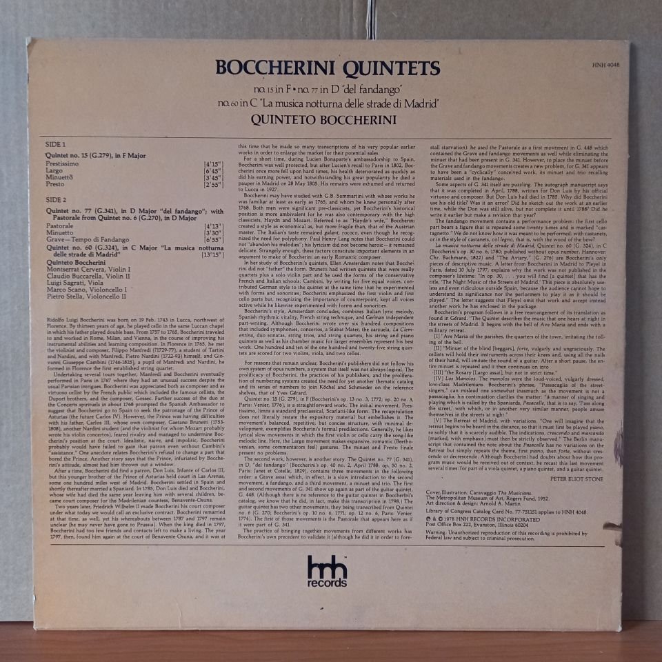 BOCCHERINI QUINTETS: NO.15 IN F NO. 77 IN D ''DEL FANDANGO, NO.60 IN C ''LA MUSICA NOTTURNA DELLE STRADE DI MADRID / QUINTETTO BOCCHERINI (1978) - LP 2.EL PLAK